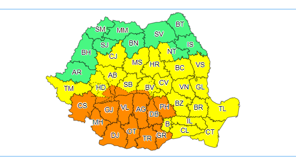 ALERTA METEO.COD PORTOCALIU de ploi torențiale,grindină și descărcări electrice