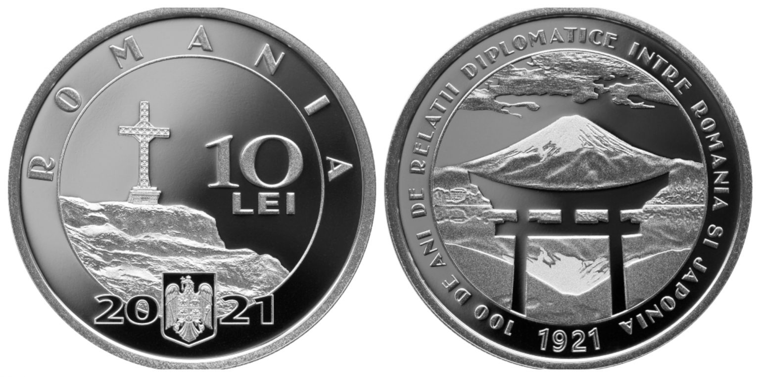 Monedă din argint cu tema 100 de ani de relaţii diplomatice între România şi Japonia
