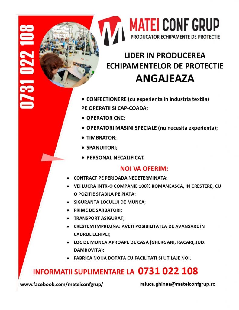 Noi locuri de muncă la Răcari, MATEI CONF GRUP și-a deschis o nouă fabrică ce produce echipamente de lucru și protecție