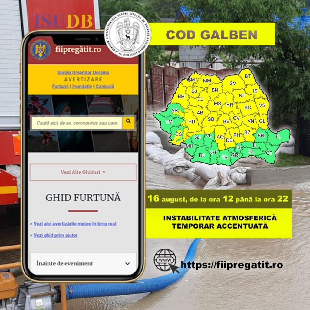 COD GALBEN, județul Dâmbovița se află sub atenționare meteorologică de FURTUNI