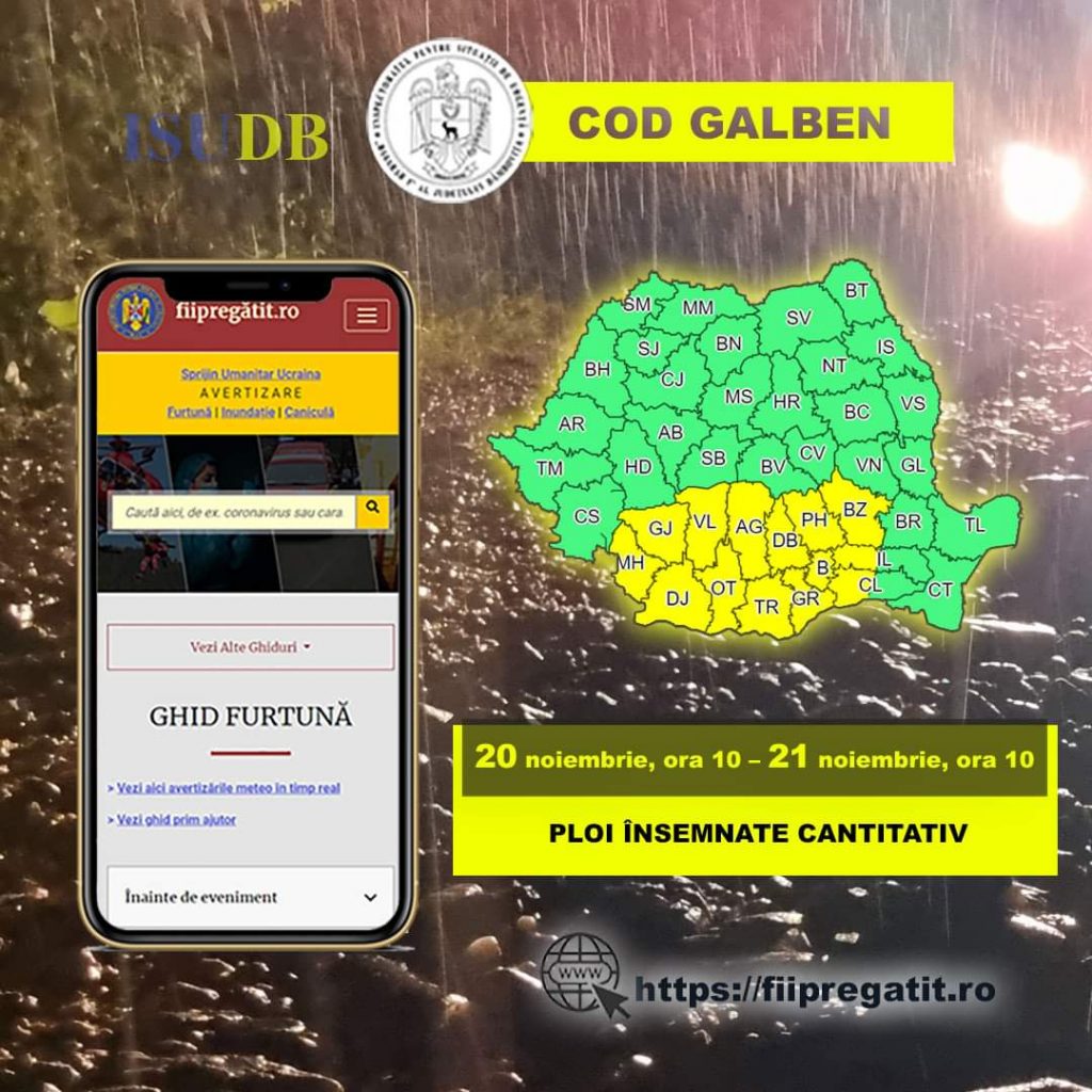 ISU Dâmbovița pregătit să intervină, COD GALBEN de ploi însemnate cantitativ și vânt în județul Dâmbovița