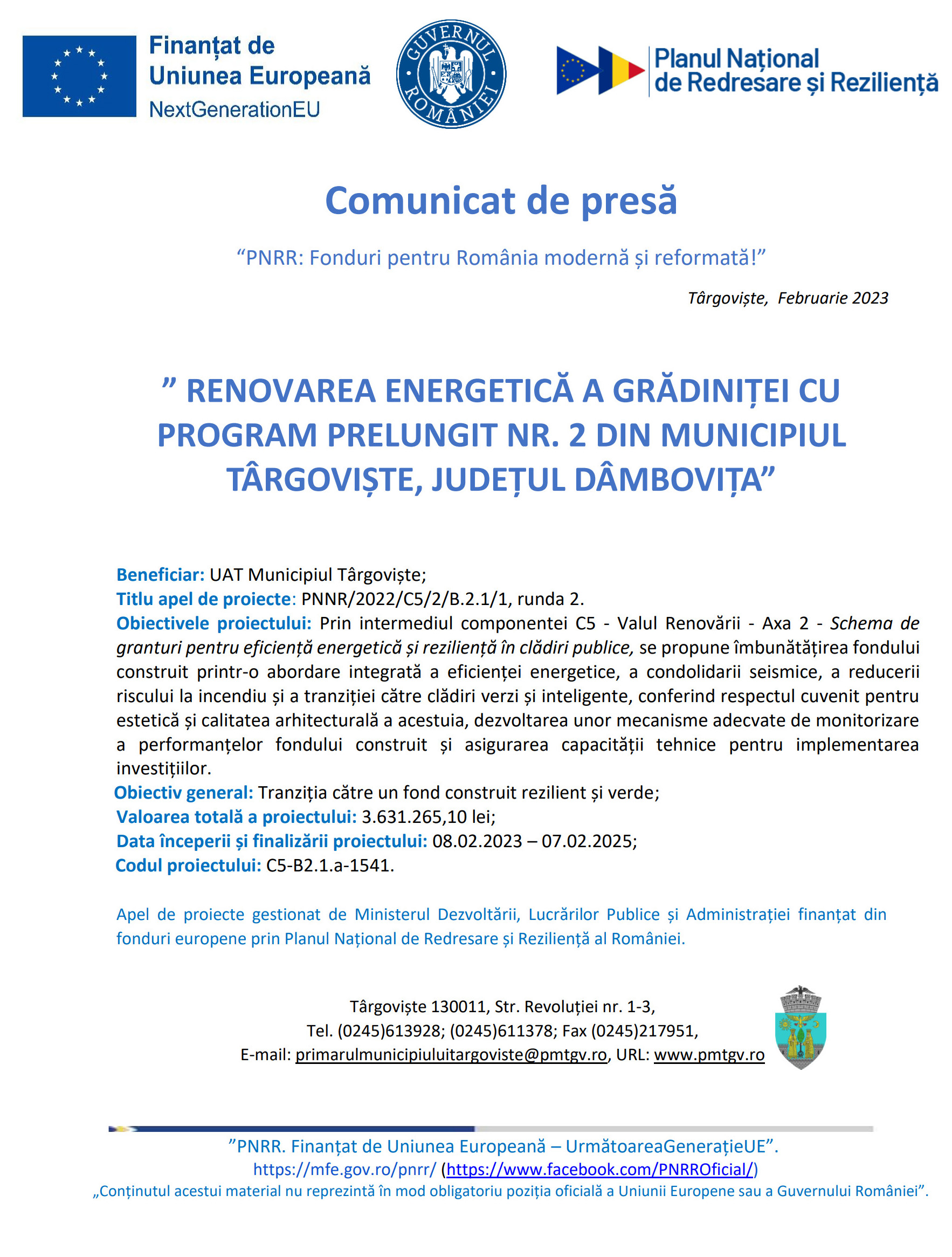 RENOVAREA ENERGETICĂ A GRĂDINIȚEI CU PROGRAM PRELUNGIT NR. 2 DIN MUNICIPIUL TÂRGOVIȘTE, JUDEȚUL DÂMBOVIȚA
