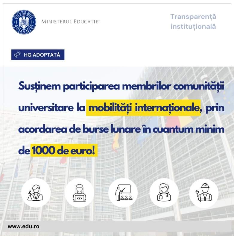 Burse de cel puțin 1000 de euro pentru studii universitare de masterat, doctorat, stagii postdoctorale și de cercetare