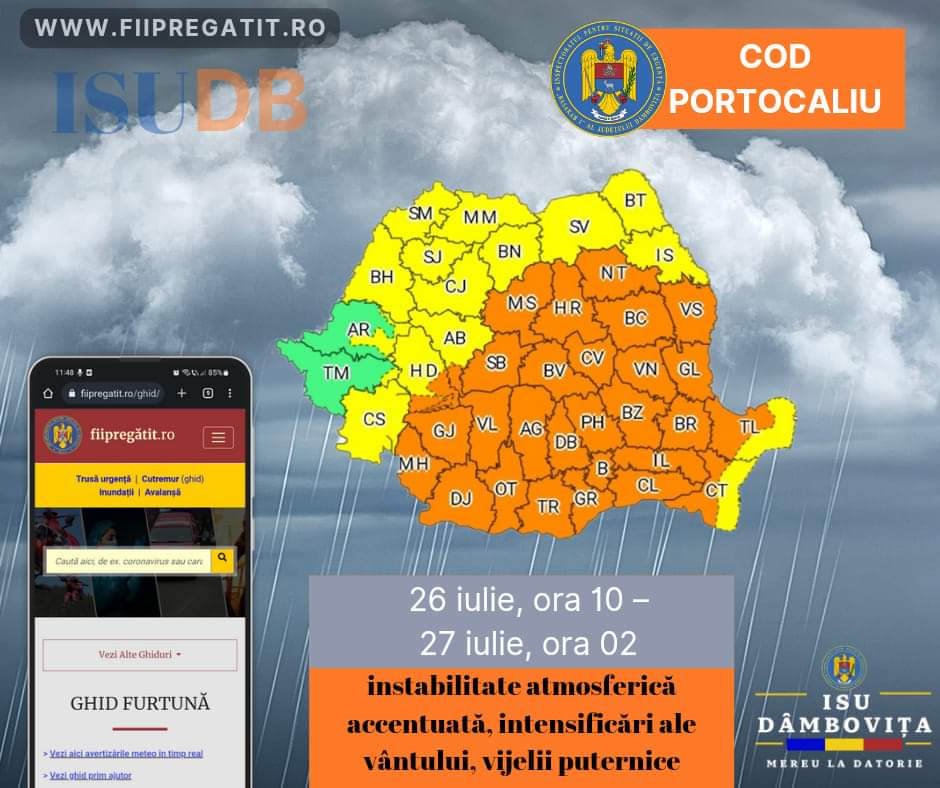 ALERTĂ ÎN TOT JUDEȚUL DÂMBOVIȚA, COD PORTOCALIU DE FURTUNI, interval 26 iulie, ora 10:00 – 27 iulie, ora 02:00