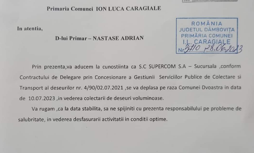 Cetățenii comunei I.L.Caragiale, sunt informați de către Primărie, despre campania de colectare deșeuri voluminoase