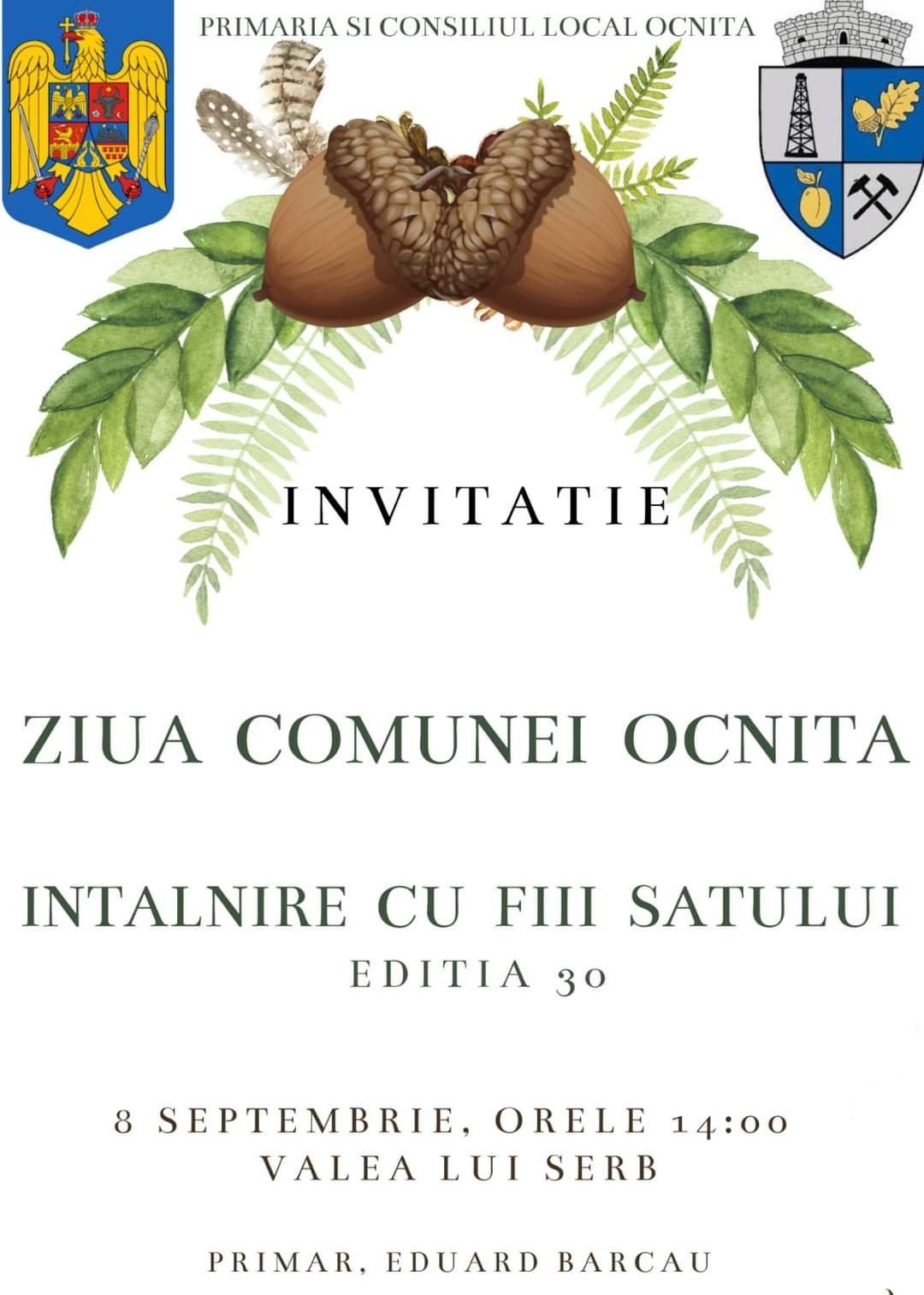 Ziua comunei Ocnița - Întâlnire cu fiii satului, ediția 30, vineri, 8 septembrie, edilul Eduard Bacău îi invită pe locuitorii comunei la o sărbătoare cu multe surprize.