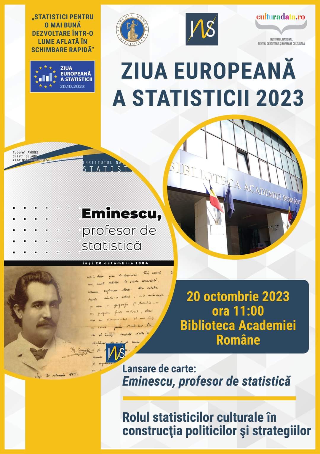 De Ziua Europeană a Statisticii, 20 octombrie, Institutul Național de Statistică lansează cartea ”Eminescu, profesor de statistică”