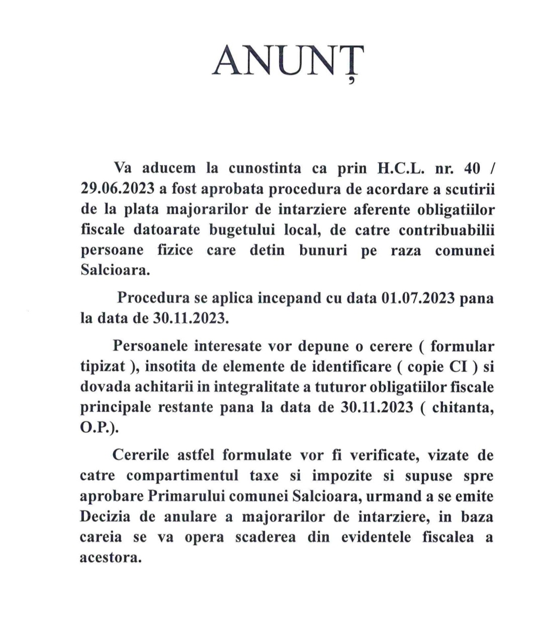 Informare publică pentru cetățenii comunei Sălcioara: 30 noiembrie este termenul limită pentru a putea beneficia de facilități fiscale la plata taxelor și impozitelor locale.
Este în vigoare Hotărârea adoptată de CL Sălcioara și aplică pe teritoriul U.A.T. Sălcioara, valabilă până la data de 30 noiembrie 2023. Această inițiativă se adresează persoanelor fizice care înregistrează debite principale restante la bugetul local al comunei Sălcioara.
Procedura de aplicare este bine detaliată și previne discriminarea, asigurând că toți contribuabilii care îndeplinesc condițiile beneficiază de facilitățile fiscale necesare.
Această hotărâre este un exemplu de efort al autorităților locale de a sprijini comunitatea și de a încuraja plățile la bugetul local, contribuind la dezvoltarea localității Sălcioara. Detalii complete despre procedura de aplicare pot fi consultate la Primăria Sălcioara.