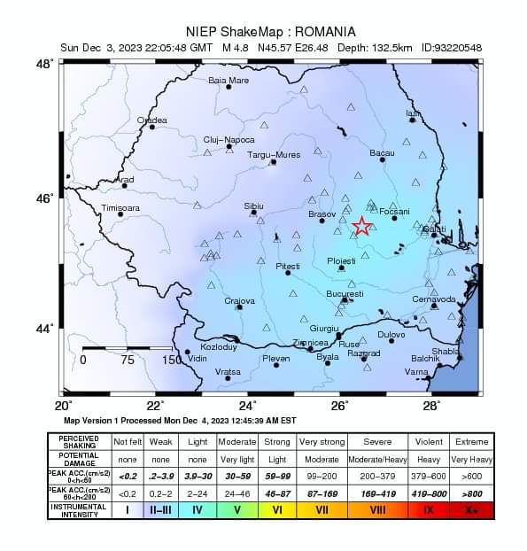 A fost cutremur cu magnitudinea ml 4.8, în noaptea de luni, în zona Vrancea, în ziua de 04 Decembrie 2023 la ora 00:05:48
