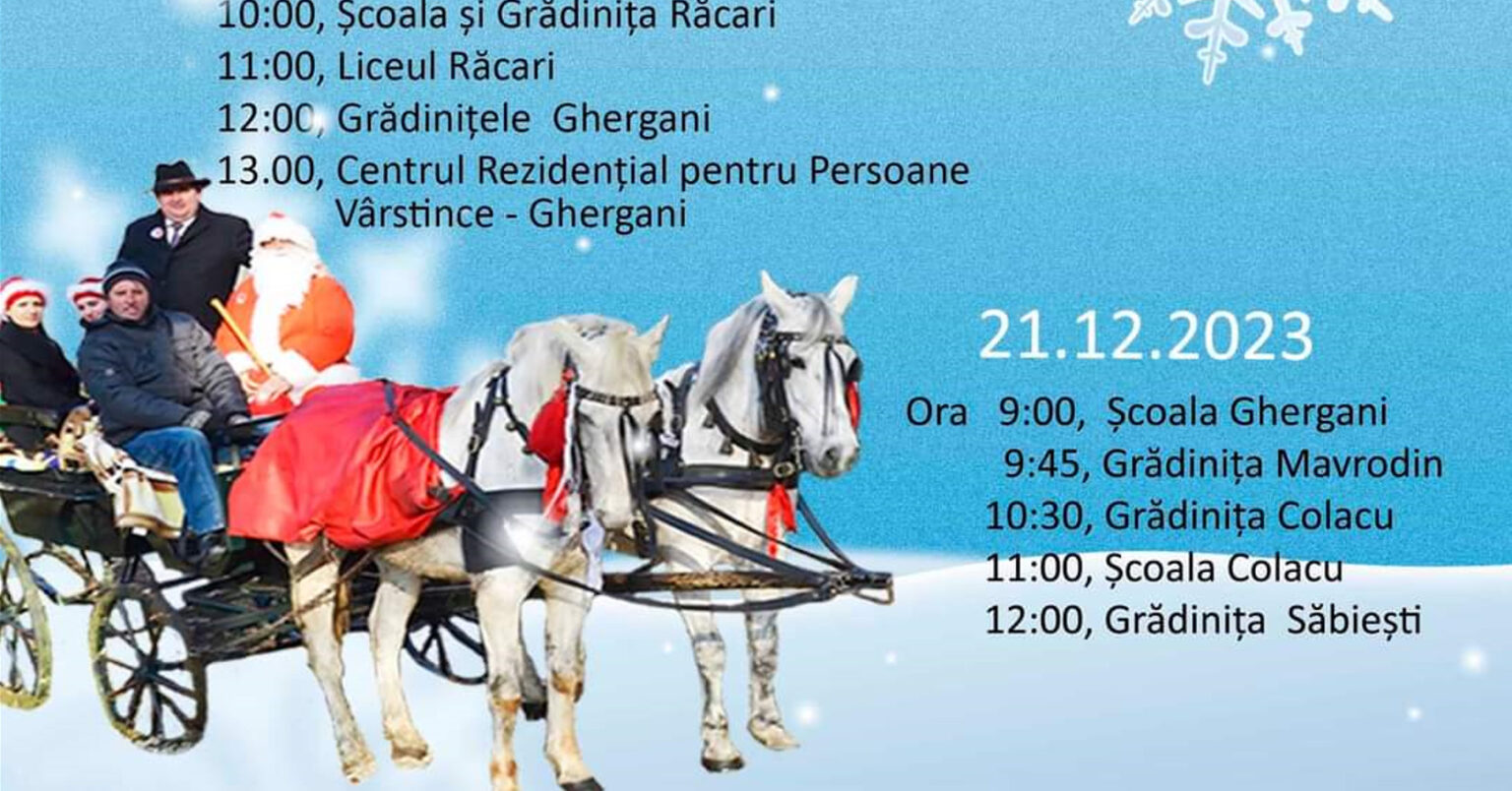 Moș Crăciun sosește la Răcari, miercuri , 20 decembrie!  La prima  oră a dimineţii,  Moșul   va poposit la Primăria Răcari unde într-o atmosferă caldă şi plină de magie  îl va întâmpina  primarul Marius Caraveţeanu după care va porni la drum prin tot orașul Răcari