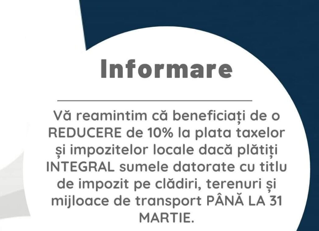 Primăria Văcărești: Reducere de 10% pentru cei care își achită taxele locale până la 31 martie 2024 Primăria Văcărești anunță că se acordă o reducere de 10% pentru cei care își achită taxele locale până la 31 martie 2024.