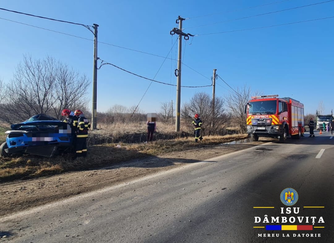Coliziune între un autoturism și un tir, în localitatea Ionești, a intervenit Detașamentul de Pompieri Găești cu două