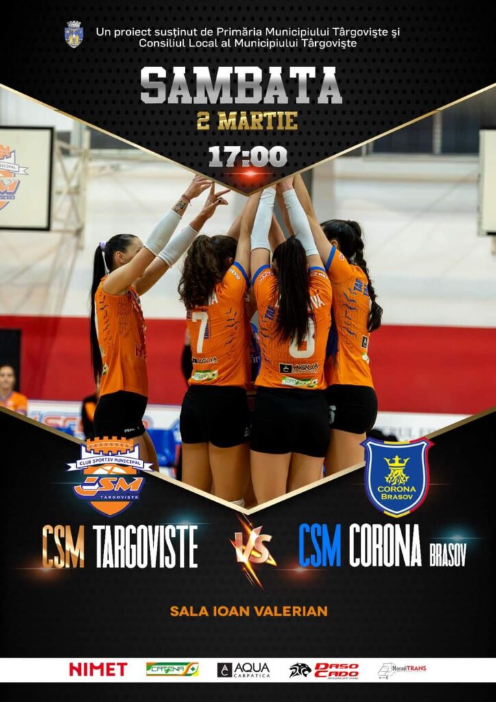 Pe 2 martie, în Sala „Ioan Valerian” va avea loc meciul de volei d CSM Târgoviște- CSM Corona Brașov Pe 2 martie, în Sala "Ioan Valerian" va avea loc meciul de volei d CSM Târgoviște- CSM Corona Brașov, va începe la ora 17:00