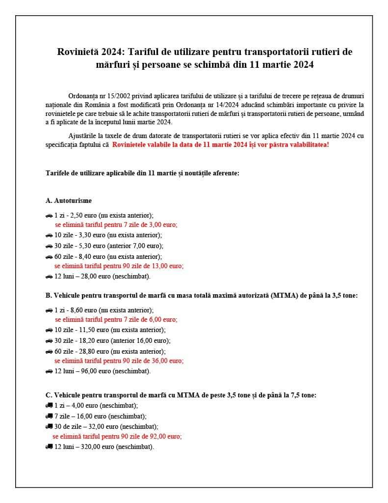 IMPORTANT! CNAIR anunță că se schimbă tarifele și perioadele de valabilitate pentru roviniete din 11 martie 2024