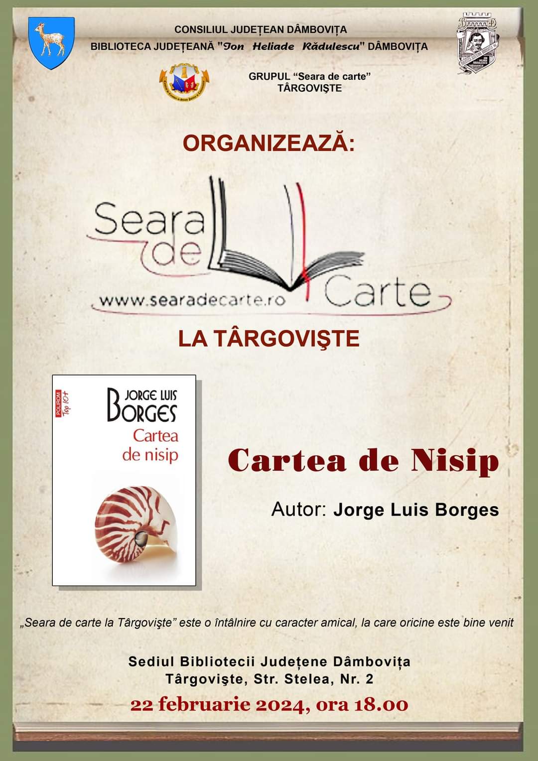 Seară de carte la Târgovişte, joi, 22 februarie 2024, ora 18.00, la sediul Bibliotecii Judeţene „I. H. Rădulescu