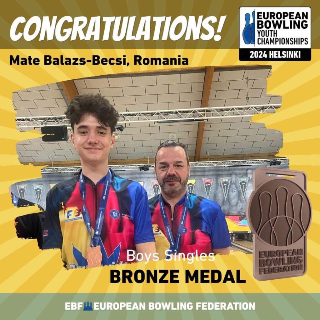 Bronz pentru România la Campionatul European de Bowling Juniori Bronz pentru România la Campionatul European de Bowling Juniori, Balázs-Bécsi Máté, antrenat de Marius Piticariu, obține locul 3
