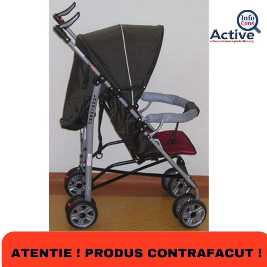Alertă InfoCons! Cărucior pentru copii cu roți rotative din plastic- produs contrafăcut!Capota este de culoare verde-măsliniu