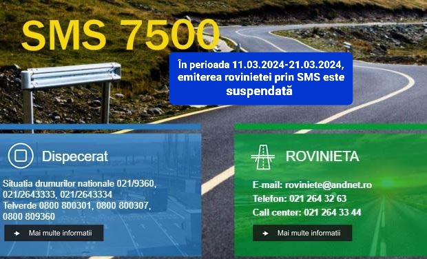 CNAIR informează că din 11.03.2024 emiterea rovinietei prin intermediul SMS va fi suspendată până la data de 21.03.2024