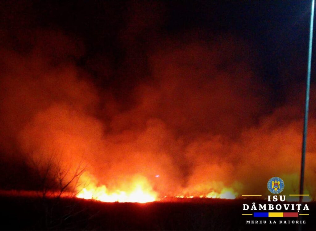 Incendiu de vegetație uscată în comuna Doicești, alerta a fost dată duminică seară la 112.