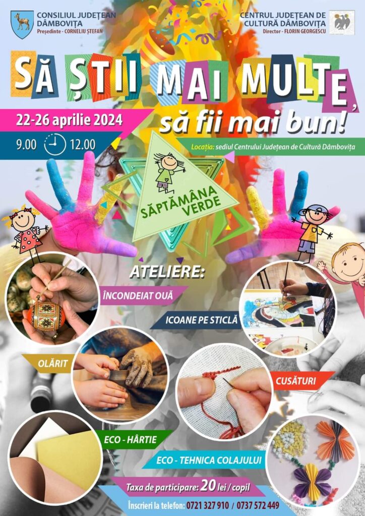Programul cultural educaţional „Să știi mai multe, să fii mai bun!” va fi desfășurat de Centrul Judeţean de Cultură Dâmboviţa, în săptămâna 22-26 aprilie 2024.