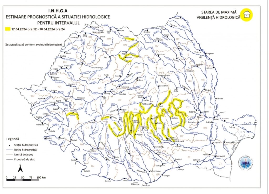 ATENȚIONARE HIDROLOGICĂ COD GALBEN de INUNDAȚII în județul Dâmbovița, interval de valabilitate: 17 aprilie, ora 12:00 – 18 aprilie, ora 09:00