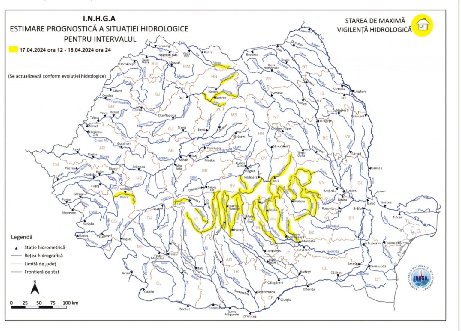 ATENȚIONARE HIDROLOGICĂ COD GALBEN de INUNDAȚII în județul Dâmbovița, interval de valabilitate: 17 aprilie, ora 12:00 – 18 aprilie, ora 09:00