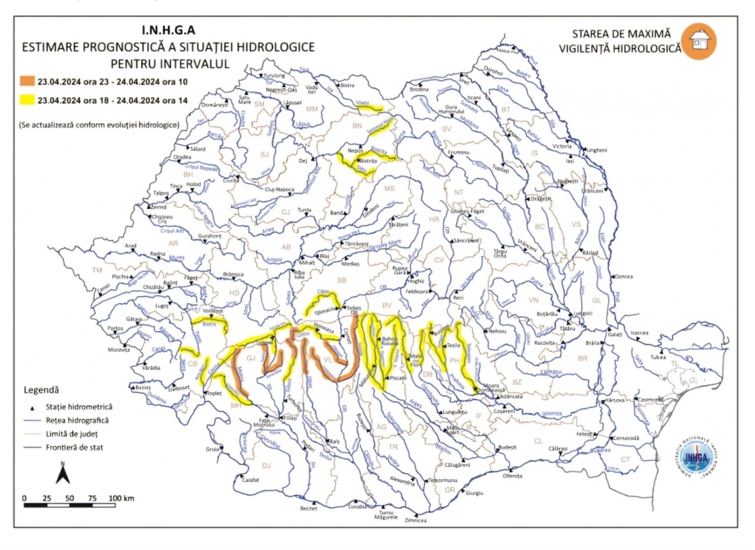Avertizare hidrologică  COD GALBEN de INUNDAȚII pentru județul Dâmbovița, valabilă în intervalul 23 aprilie, ora 18:00 – 24 aprilie, ora 14:00.