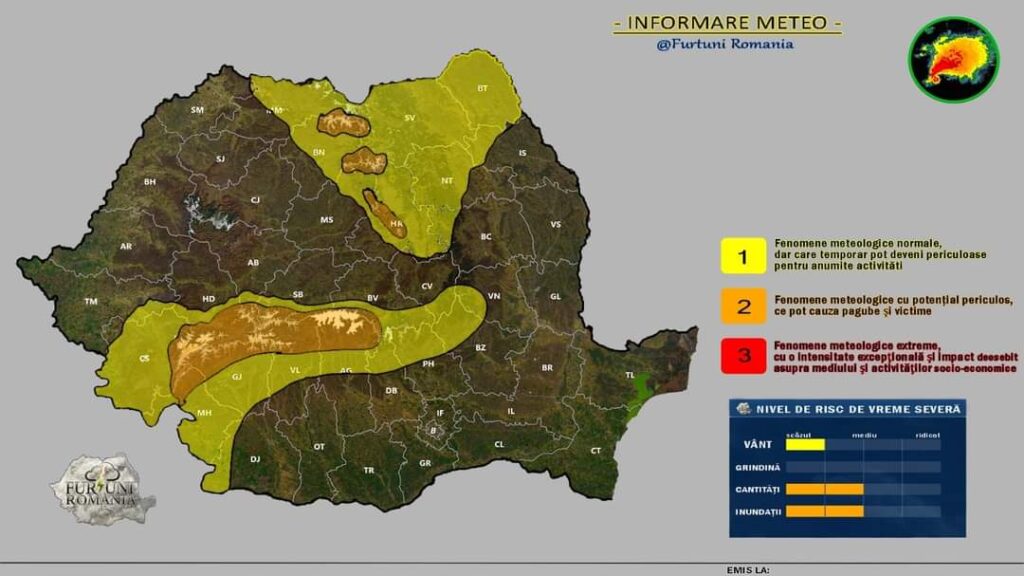  INFORMARE METEOROLOGICĂ de VÂNT PUTERNIC, PLOI TORENȚIALE și TEMPERATURI FOARTE SCĂZUTE