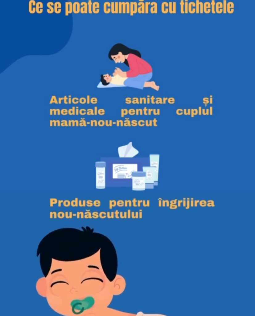 Se acordă tichete electronice , MIPE prin programul Incluziune și Demnitate Socială, sprijină cuplurile mamă-nou-născut defavorizat.