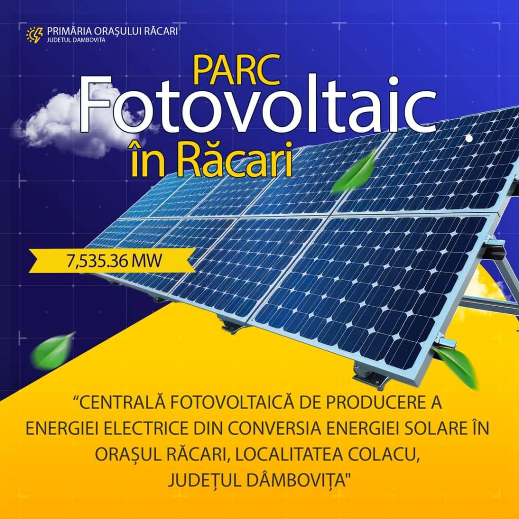 Administrația locală de la Răcari anunță o nouă investiție majoră: Se realizează un parc fotovoltaic la Colacu Administrația locală de la Răcari anunță o nouă investiție majoră: Se realizează un parc fotovoltaic la Colacu, asta înseamnă noi locuri de muncă și noi fonduri pentru bugetul local