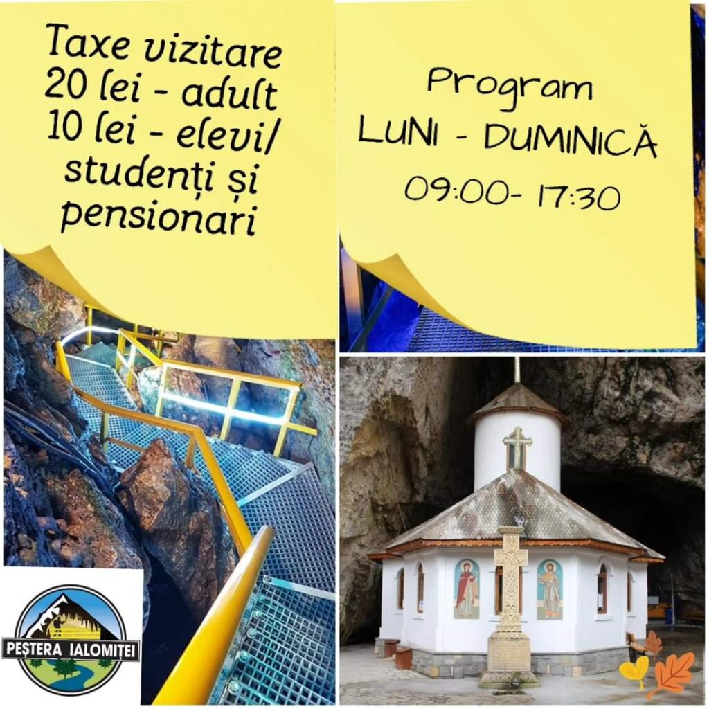 PEŞTERA IALOMIŢEI  din 1 mai 2024,  îşi modifica programul de vizitare, urmând să fie deschisă între orele 9:00 - 18:00