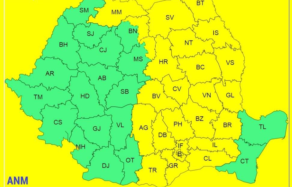 ALERTĂ! ATENȚIONARE METEOROLOGICĂ COD GALBEN de PLOI TORENȚIALE, GRINDINĂ și VIJELII în tot județul Dâmbovița, interval de valabilitate