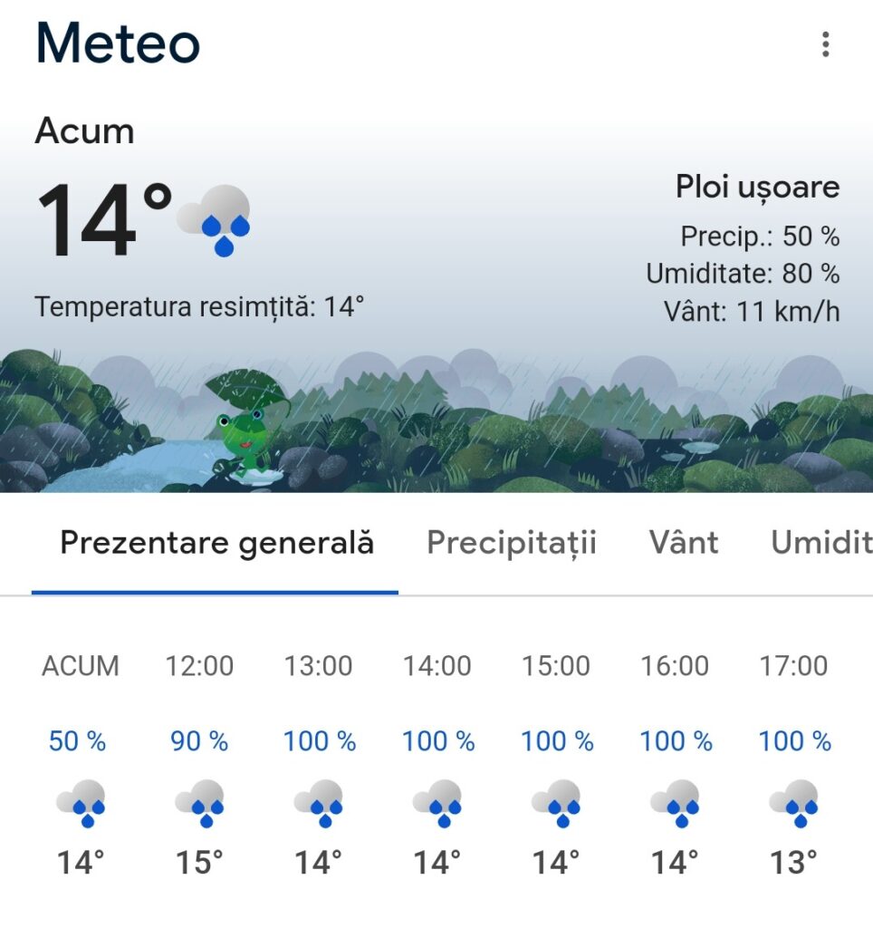 Prognoza meteo pentru azi, ploile își fac simțită prezența, în Târgoviște : 18  grade Celsius, precipitații  10%, umiditate 49%.