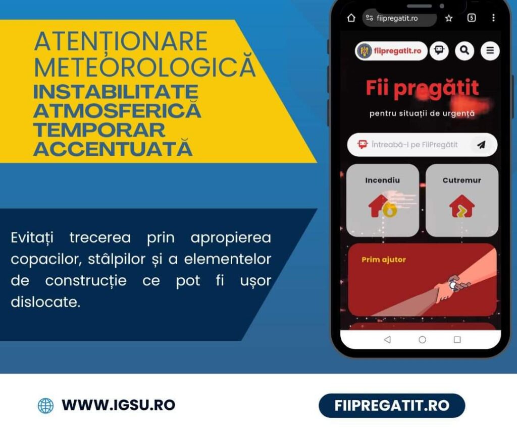 Recomandări de la ISU Dâmbovița în  contexul CODULUI GALBEN de PLOI și VIJELII, având în vedere că vor fi intensificări