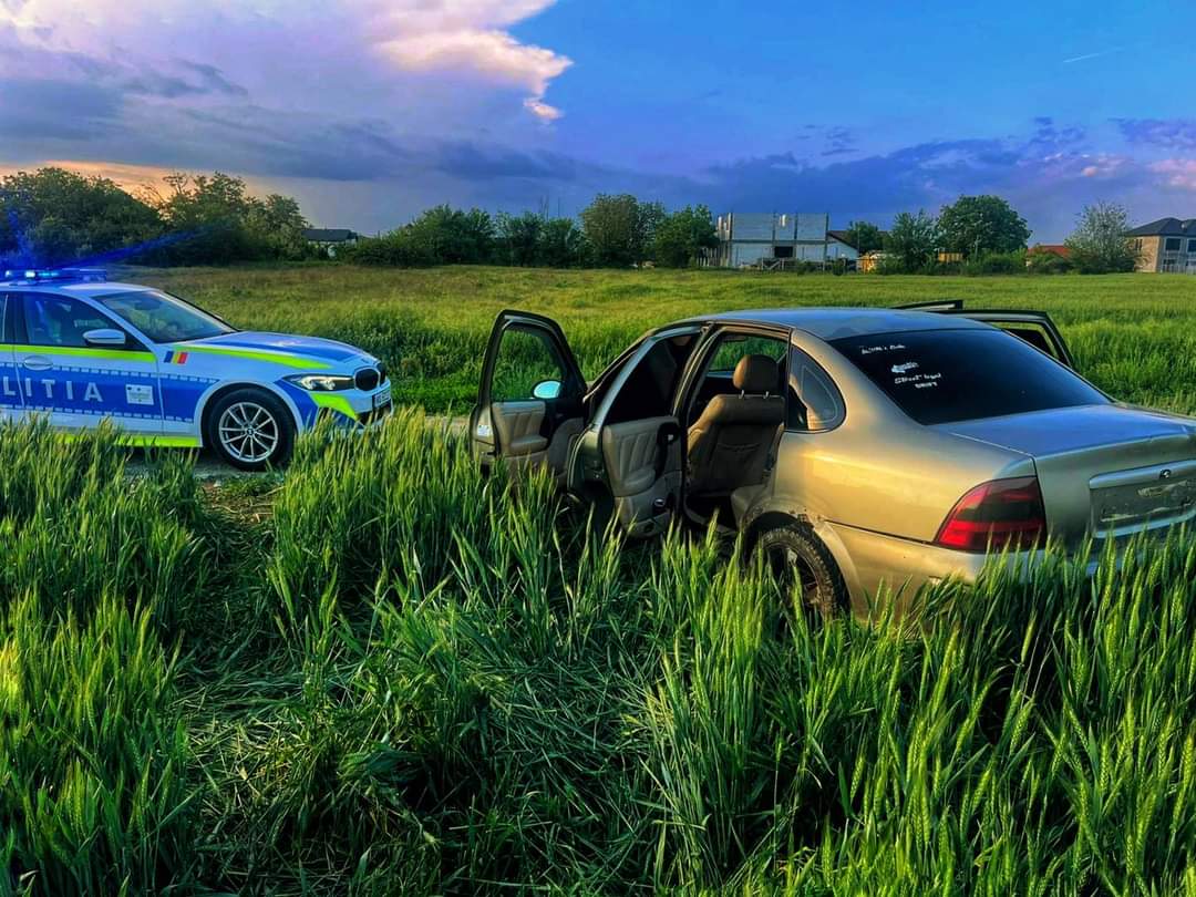 Urmărire ca în filme: Șoferul nu a oprit la semnalele poliţiştilor, tânărul șofer a ajuns cu „mașina-n iarbă” pentru