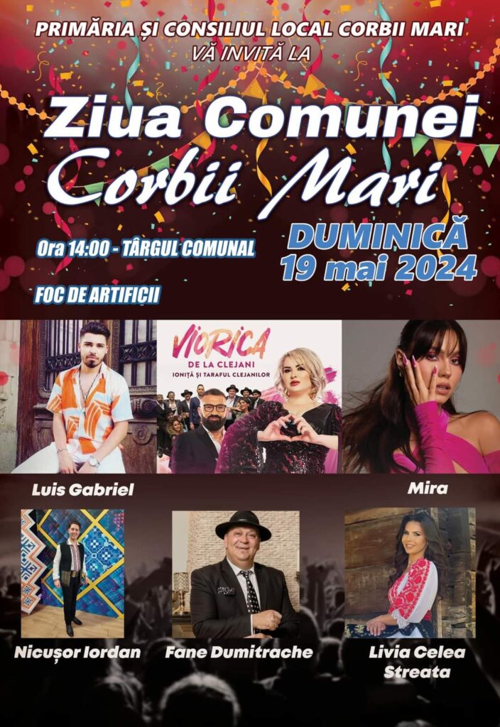 Ziua comunei Corbii Mari pe 19 mai 2024, administrația locală a pregătit un spectacol de zile mari  și activități pentru toate vârstele.