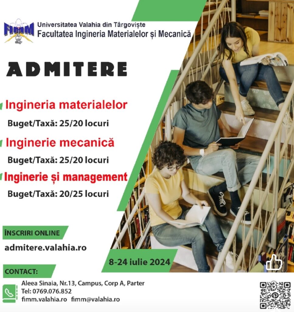 Înscrieri la Facultatea de Ingineria Materialelor și Mecanică, Universitatea „Valahia” din Târgoviște pentru anul universitar 2024-2025 Înscrieri la Facultatea de Ingineria Materialelor și Mecanică, Universitatea „Valahia” din Târgoviște pentru anul universitar 2024-2025, tinerii  au o ofertă educațională foarte atractivă.