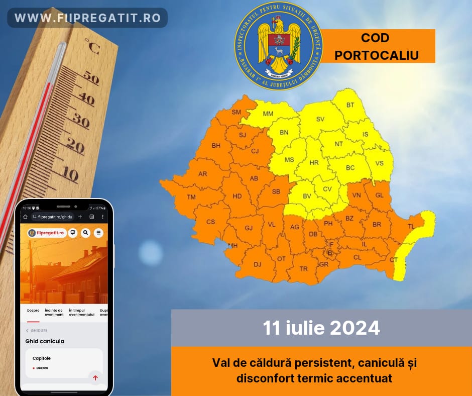 ATENȚIE! Județul Dâmbovița este sub COD PORTOCALIU de CANICULĂ dar pot apărea FURTUNI VIOLENTE, în cea mai mare parte a județului Dâmbovița