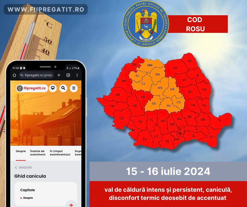SE PRELUNGEȘTE CODUL ROȘU DE CANICULĂ și în județul Dâmbovița , 15-16 iulie 2024, valul de căldură va continua să se intensifice
