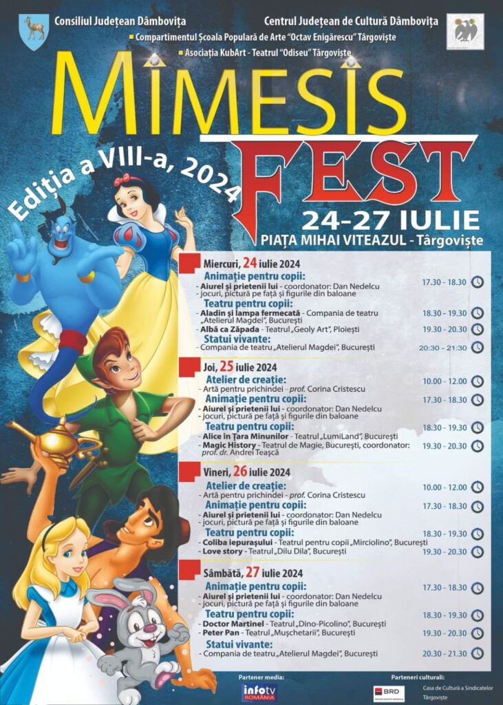 Miercuri, 24 iulie, la Târgoviște începe Festivalul de teatru pentru copii „Mimesis Fest”, un eveniment devenit tradiție și  organizat de CJ Dâmbovița. 
