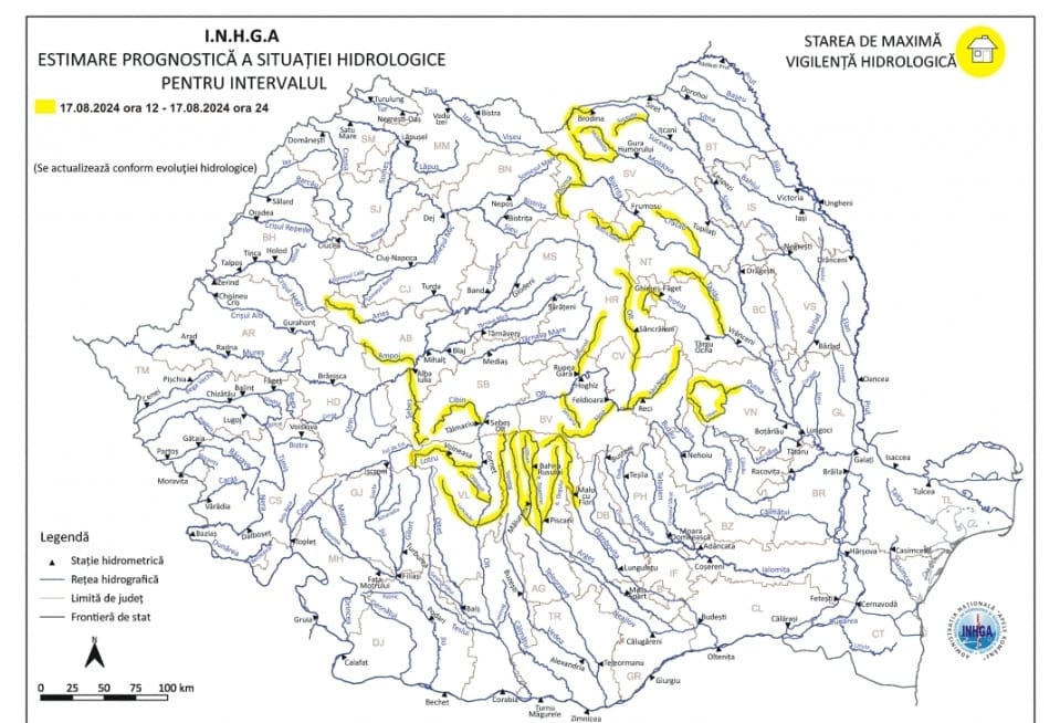 ATENȚIONARE HIDROLOGICĂ COD GALBEN de inundații în județul Dâmbovița pe râurile din bazinele ARGEȘ şi DÂMBOVIȚA