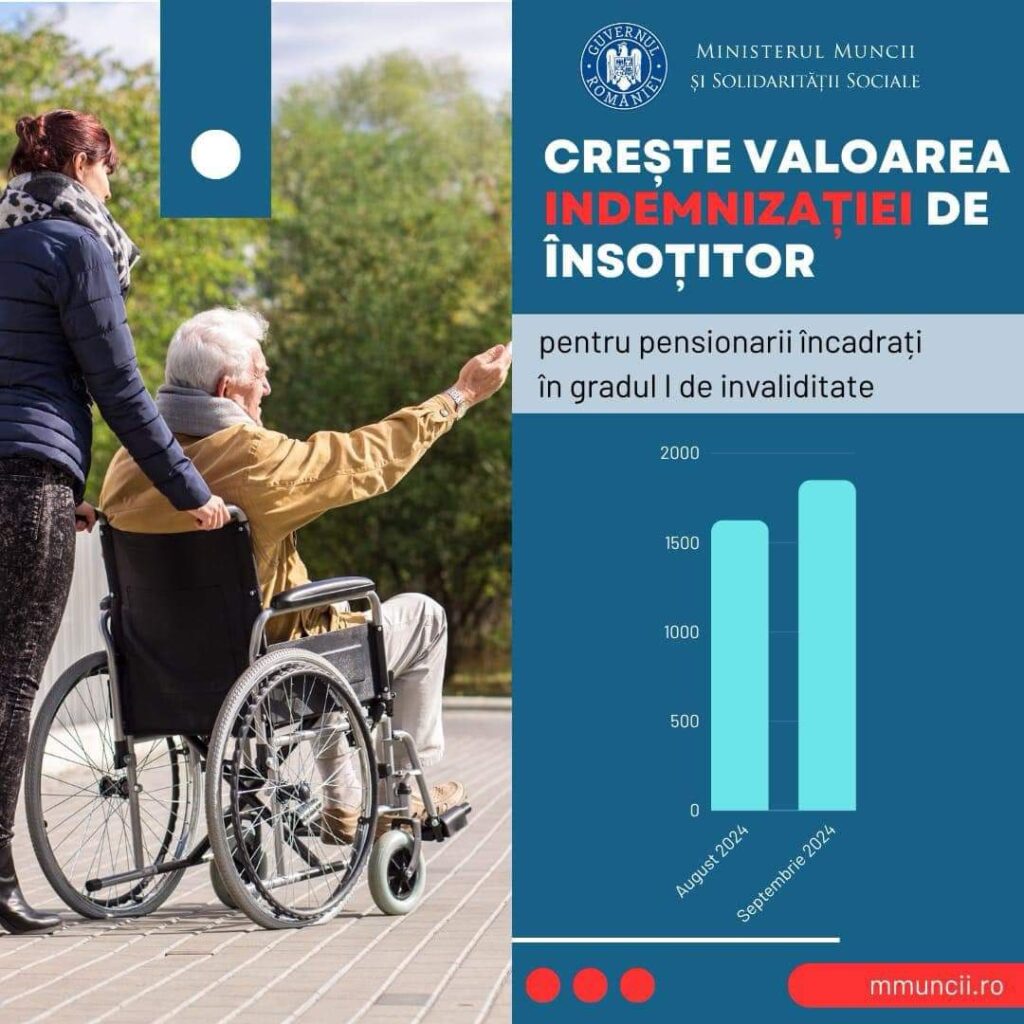 Indemnizația de însoțitor primită de pensionarii încadrați în gradul I de invaliditate va crește de la 1 septembrie 2024 cu suma de 224 de lei