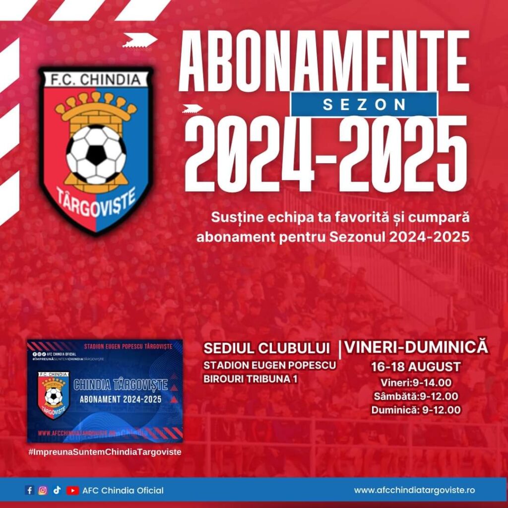 Chindia Târgoviște vă reamintește că de astăzi vă puteți cumpăra abonamente la Stadionul "Eugen Popescu".
