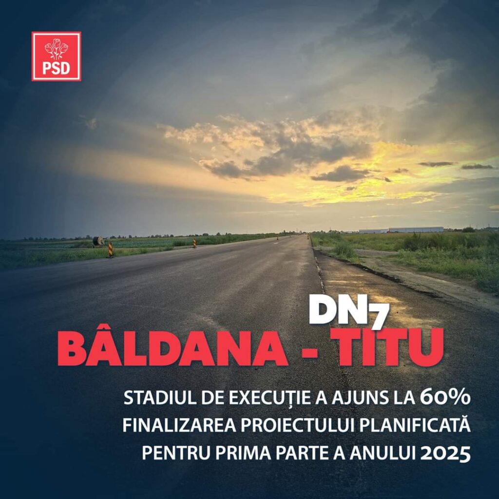 PSD Dâmbovița anunță lrogrese  în modernizarea DN7 Bâldana-Titu, potrivit secretarului de stat Ionut-Cristian Savoiu, stadiul fizic al proiectului pe sectorul Bâldana-Titu a atins 60%