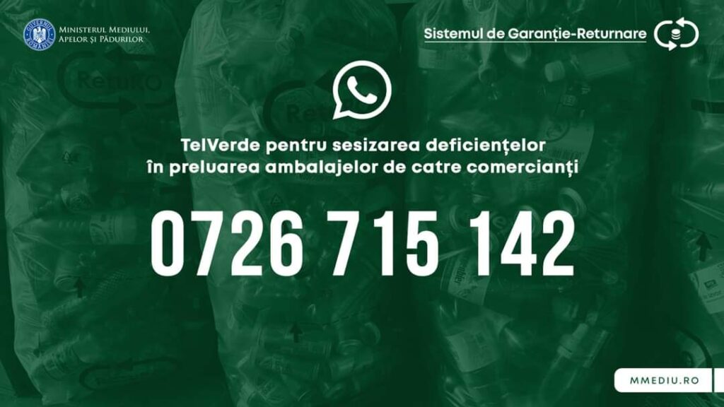 Număr TELVERDE pe WhatsApp pentru sesizări și reclamații referitoare la ambalajele SGR .