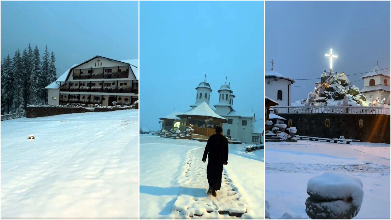 Mănăstirea Piatra Tăieturii, într-o priveliște încântătoare, astăzi, 30 septembrie 2024, iarna și-a făcut simțită prezența în Bucovina, acoperind regiunea cu un strat