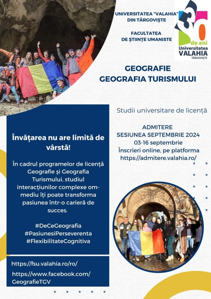 Au început înscrierile în sesiunea de toamnă la specializările Geografie și Geografia turismului la Universitatea Valahia din Târgoviște.