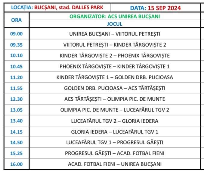 Interliga Dâmbovița începe duminică, 15 septembrie la Stadionul „Dalles Parc” din Bucșani, ora 9.00. Este dedicată juniorilor U7, U8, U9 și U10.