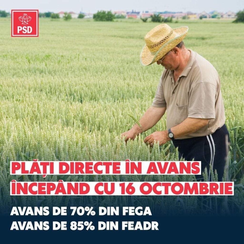 PSD anunță că fermierii vor primi plăți în avans începând cu 16 octombrie 2024, pentru a-i sprijini în depășirea problemelor de lichidități cu care se confruntă.