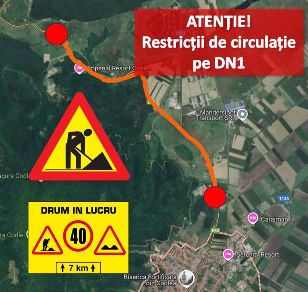 ATENȚIE! Restricții de circulație pe DN1începând de miercuri, 25.09.2024, între Codlea și Vlădeni, în județul Brașov pentru efectuarea unor lucrări ample de reparații.